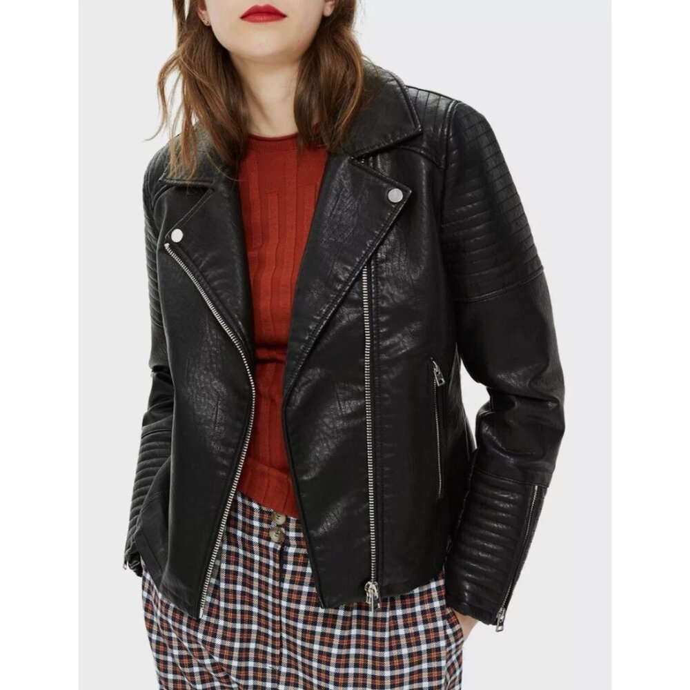 Topshop Rosa Biker Moto Jacket Black Faux Leather Women Size 8 NWT